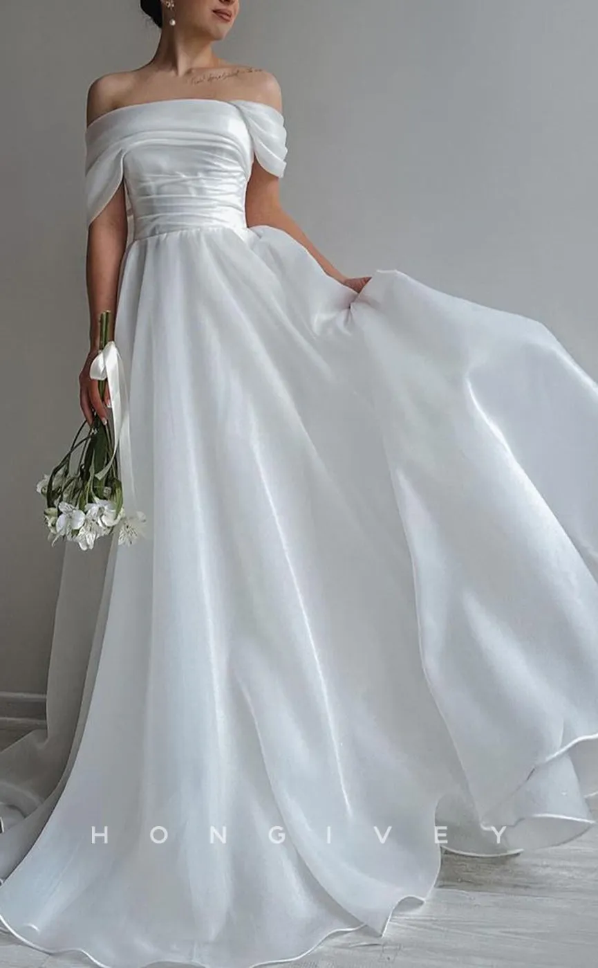 H1273 - Sexy Satin A-Line Asymmetrical Off-Shoulder Empire Pleats Lace-Up With Train Wedding Dress