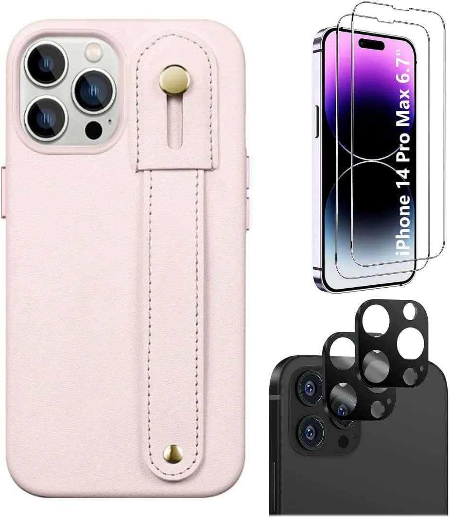 iPhone 14 Pro Max 6.7-inch Protection Kit Bundle - FingerGrip Series Case with Tempered Glass Screen and Camera Protector (Light Pink)