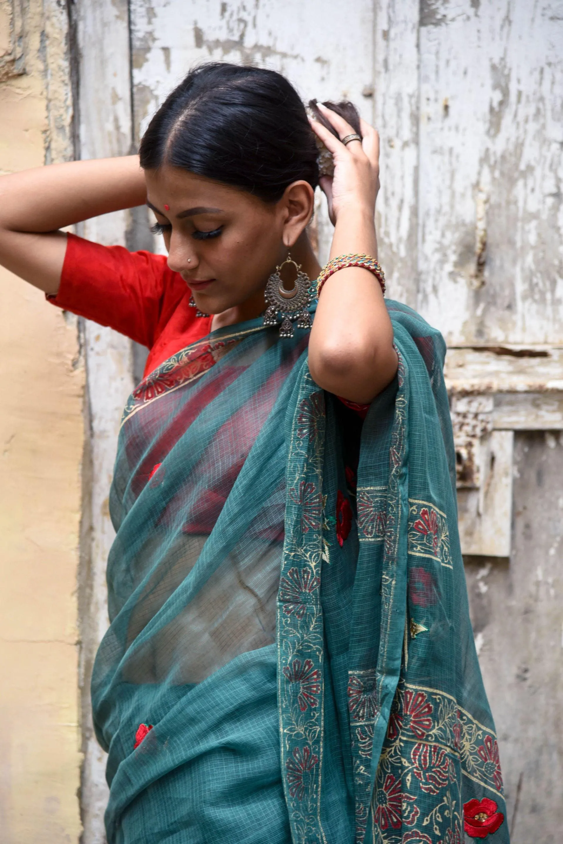 Kaisori Kota saree - Togor embroidered and handblockprinted Kota saree