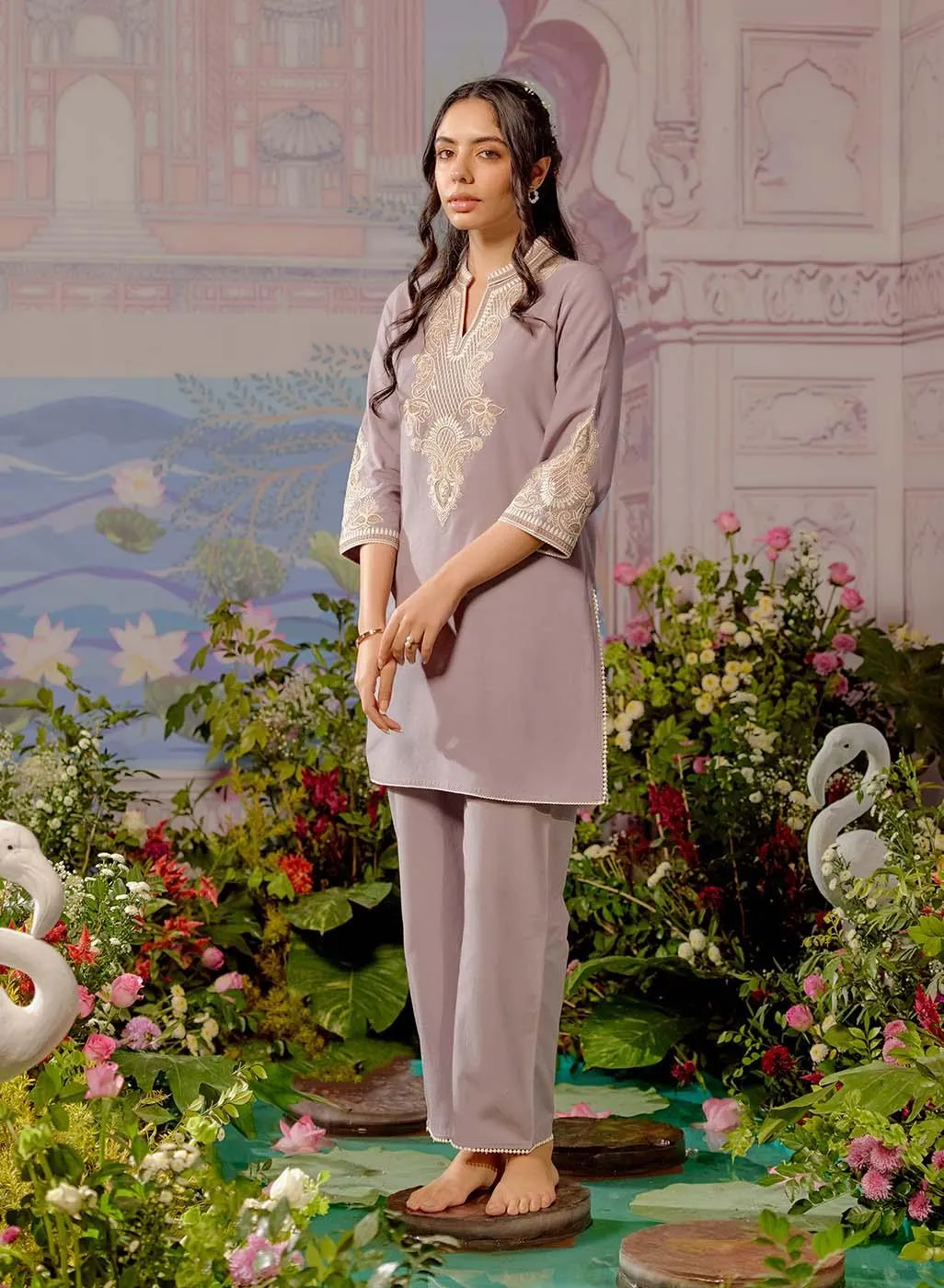 Lavender A-line Embroidered Georgette Kurta Set for Women