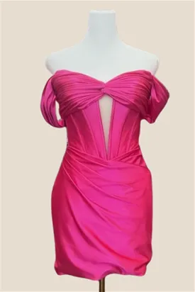 Off the Shoulder Hot Pink Ruched Short Dress