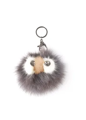 'Owl' Dark Grey Mink Fur Pom Keychain