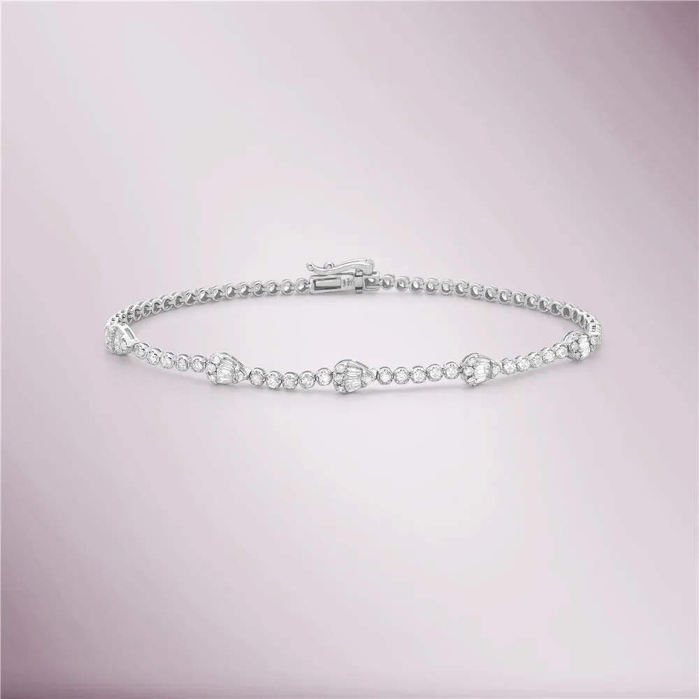 Round & Baguette Diamonds Pear Shape Tennis Bracelet (1.50 ct.) Buttercup Setting in 14K Gold