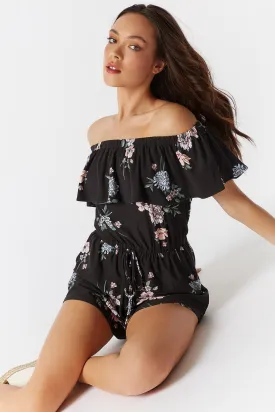 Soft Black Floral Ruffle Off The Shoulder Romper