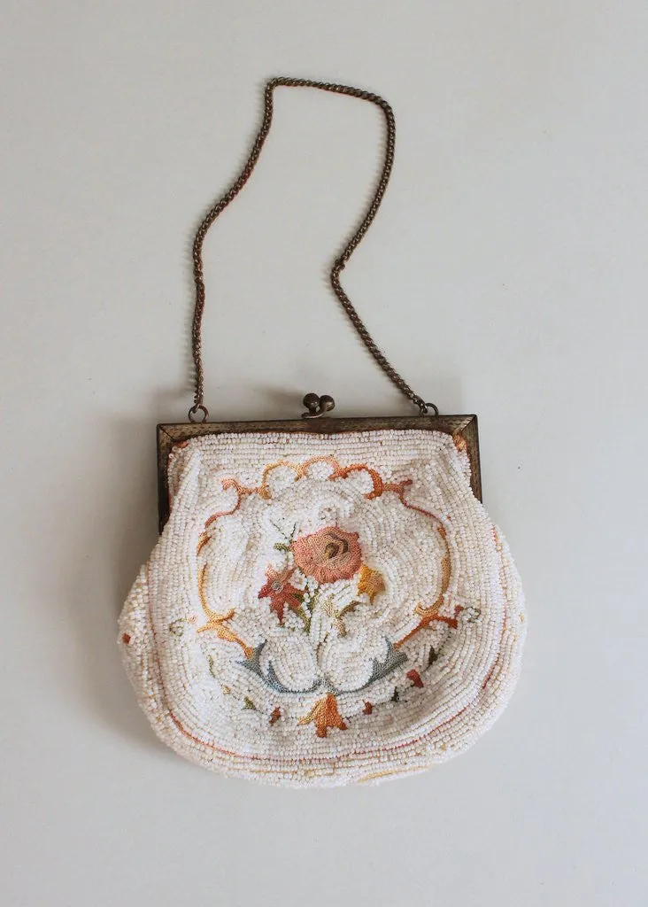 Vintage 1920s French Micro Bead and Crewel Purse