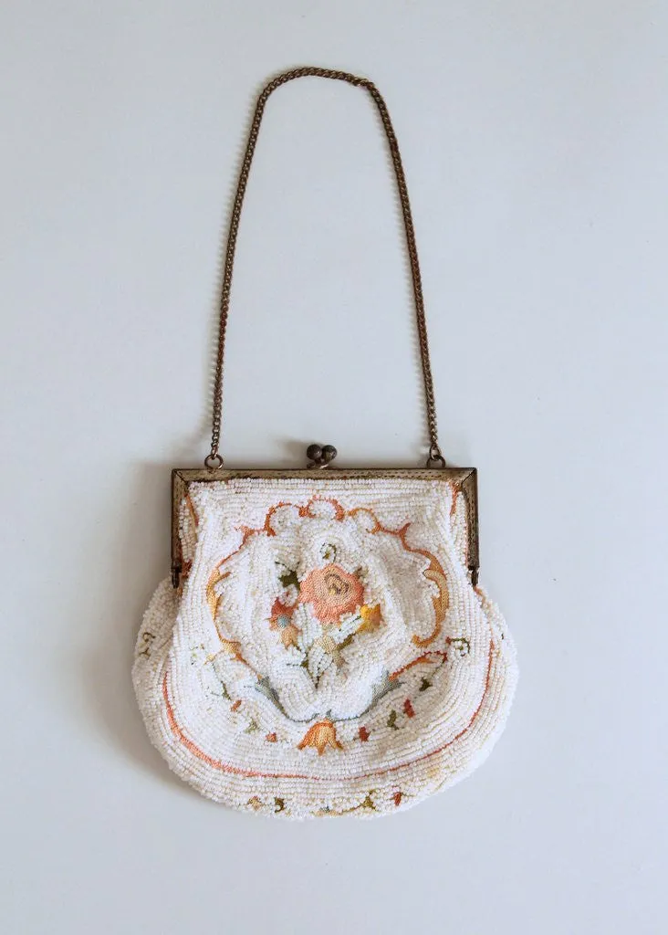 Vintage 1920s French Micro Bead and Crewel Purse